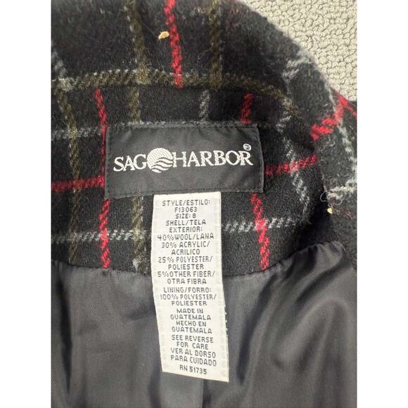 Vintage Sag Harbor Blazer Women 8 Black Red Plaid Wool Blend Plaid Two Button - Picture 3 of 7